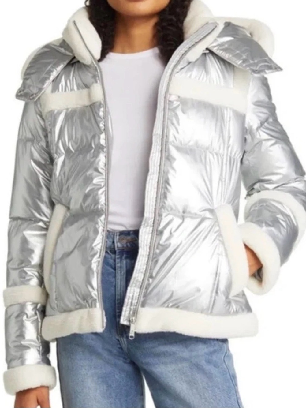 Sam Edelman Metallic Silver Fleece Trim Hooded Puff Coat, Removable Hood Size: S
